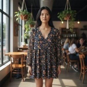 MELLODAY Floral Print Tunic Long Sleeve V Neck Tiered Mini Babydoll Dress Size M